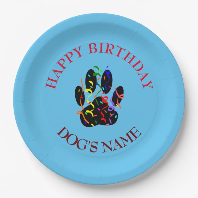 Happy Birthday Dog Paw Confetti Paper Plates (Front)