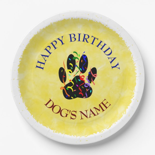 Happy Birthday Dog Paw Confetti Paper Plates (Front)