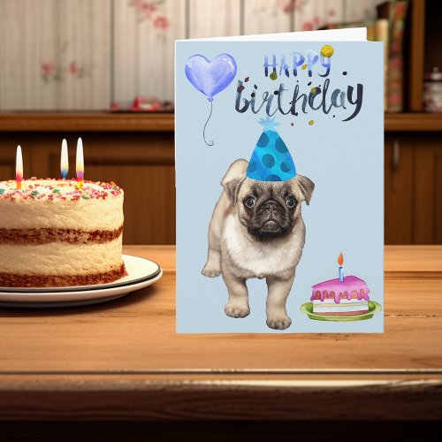 Happy Birthday Dog Pug Puppy Blank Watercolor Card