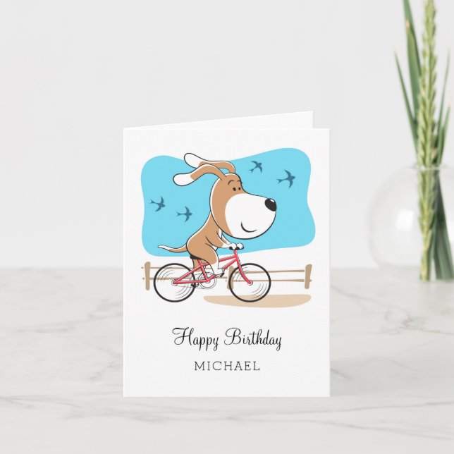 Happy Birthday Dog Puppy Biking Riding Bicycle Card (Front)