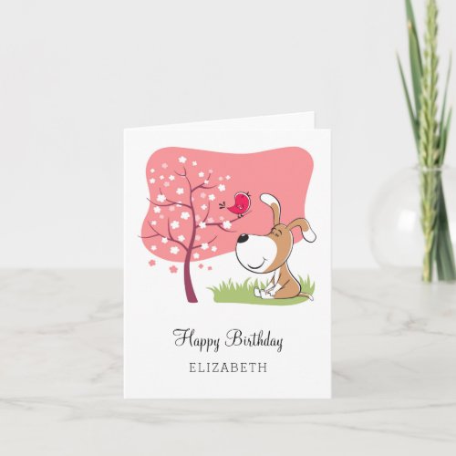 Happy Birthday Dog Puppy Bird Flower Blooming Pink Card