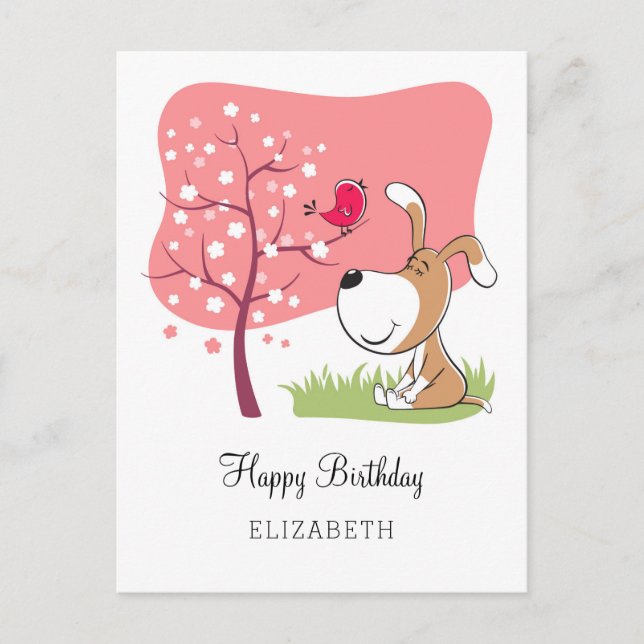 Happy Birthday Dog Puppy Bird Flower Blooming Pink Postcard (Front)