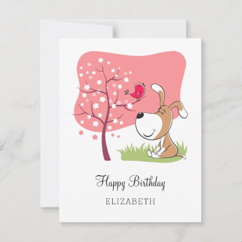 Happy Birthday Dog Puppy Bird Flower Pink Card