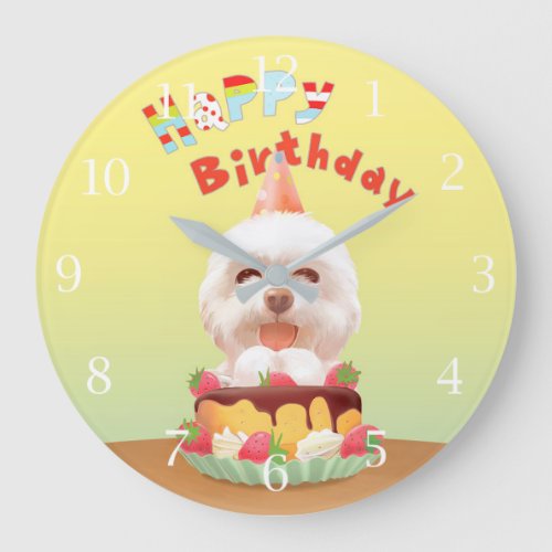 Happy Birthday Dog with Cake Large Clock