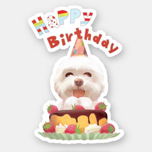 Happy Birthday Dog with Cake Sticker
