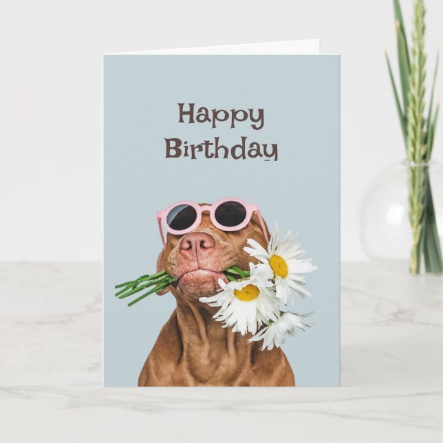 Happy Birthday Dog with Flowers Humor Animal Card (Front)