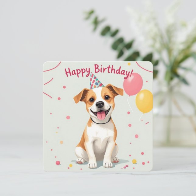 Happy Birthday Dog with Party Hat & Balloons Card (Standing Front)