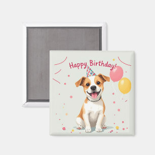 Happy Birthday Dog with Party Hat & Balloons Magnet