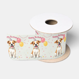 Happy Birthday Dog with Party Hat & Balloons Satin Ribbon