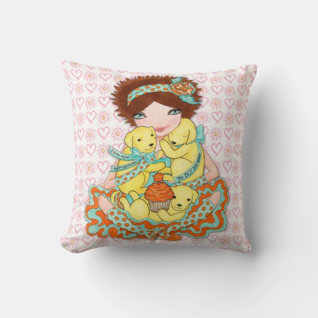 Happy Birthday Doggie Mom with Yellow Labs Throw Pillow (Front)