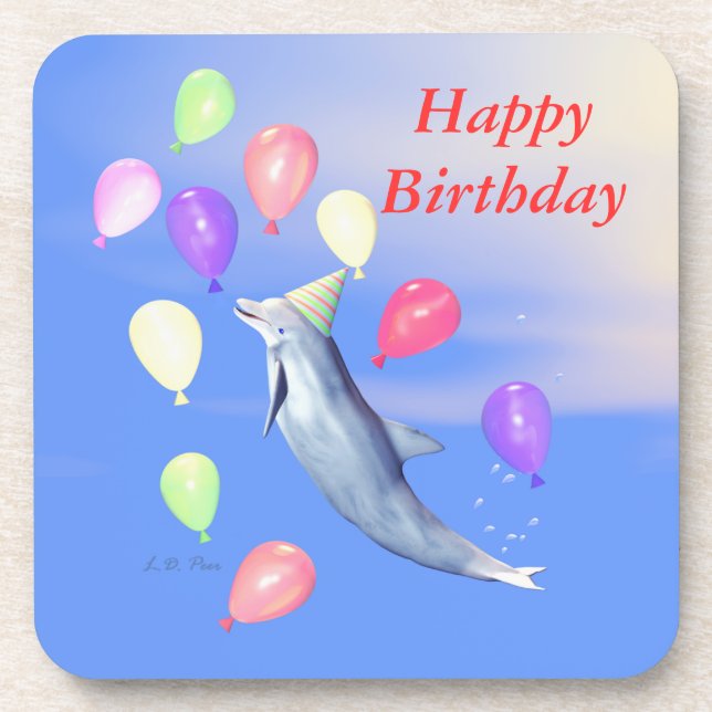Happy Birthday Dolphin and Balloons Beverage Coaster (Front)