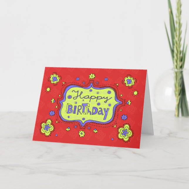 Happy Birthday Doodle Red Girly Greeting Card (Front)