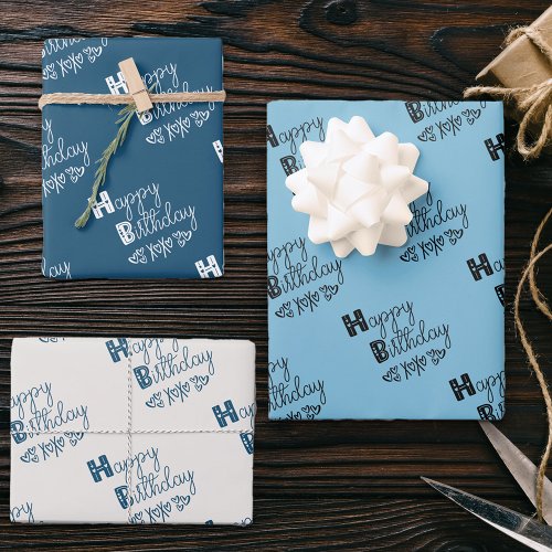 Happy Birthday Doodle Typography Blue Set of 3 Wrapping Paper Sheets