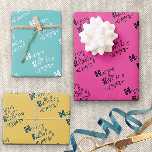 Happy Birthday Doodle Typography Girly Set of 3 Wrapping Paper Sheets