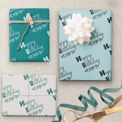 Happy Birthday Doodle Typography Green Set of 3 Wrapping Paper Sheets