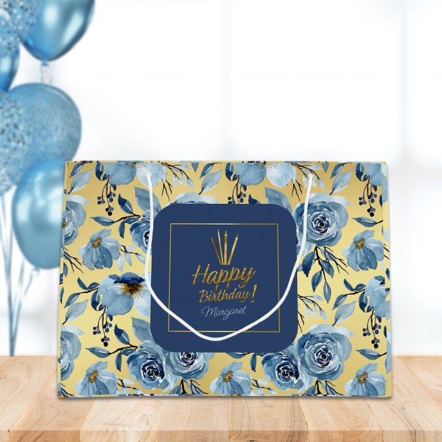 Happy Birthday Dusty Blue Gold Floral Name  Large Gift Bag (Creator Uploaded)