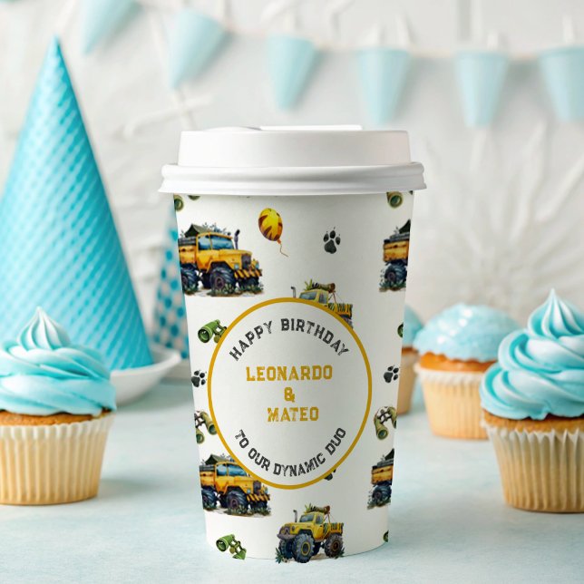 Happy Birthday Dynamic Duo Monster Truck Twin Boys Paper Cups (Creator Uploaded)