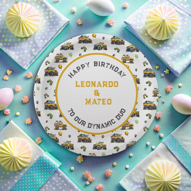 Happy Birthday Dynamic Duo Monster Truck Twin Boys Paper Plates (Creator Uploaded)