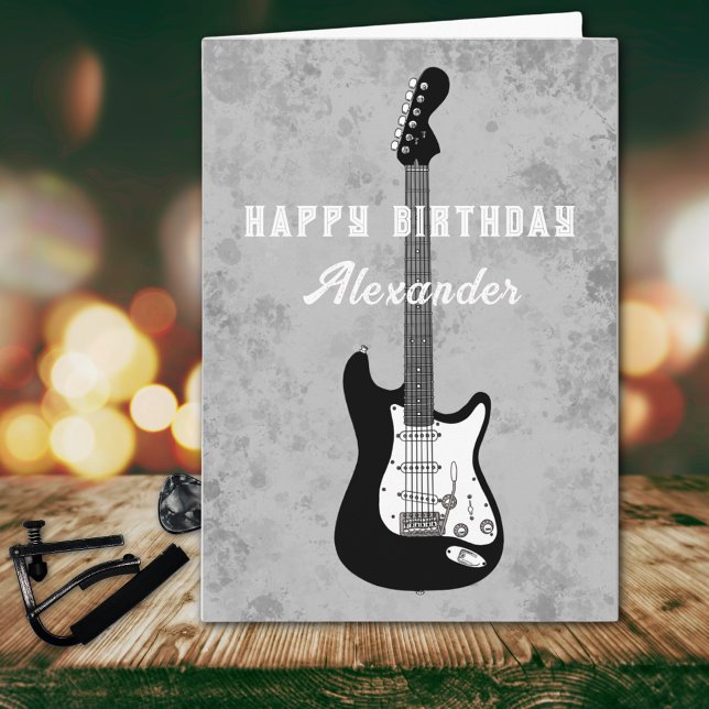 Happy Birthday Electric Guitar Black and White Card (Cool black and white electric guitar happy birthday personalized greetings card)