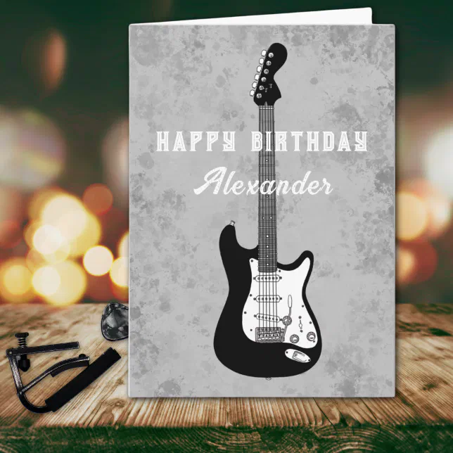 Happy Birthday Electric Guitar Black and White Card | Zazzle