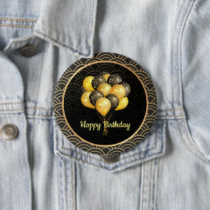Happy Birthday, elegant black and gold, Button