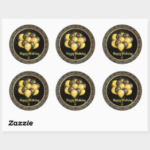 Happy Birthday, elegant black and gold, Classic Round Sticker