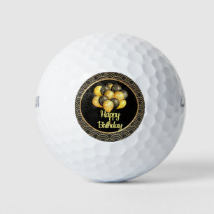 Happy Birthday, elegant black and gold, Golf Balls
