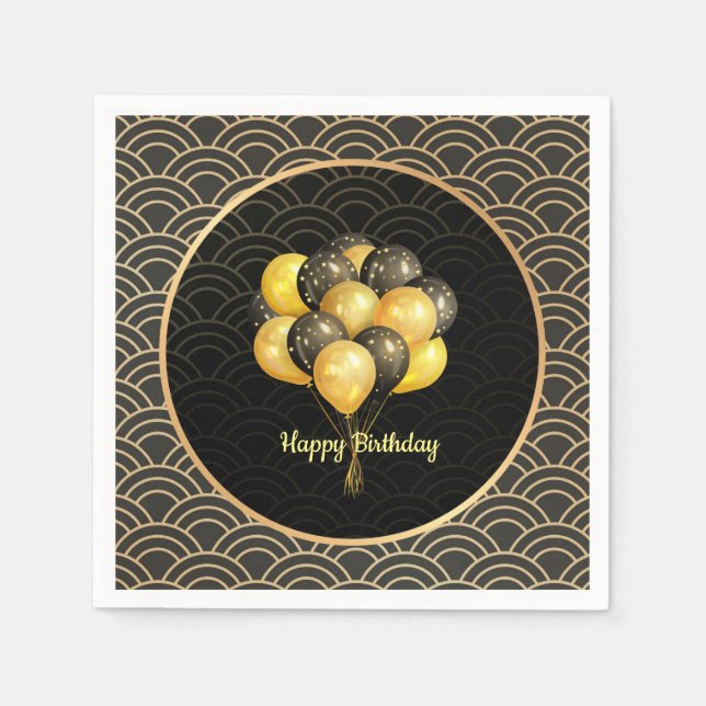 Happy Birthday, elegant black and gold, Napkins (Front)