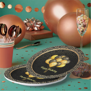 Happy Birthday, elegant black and gold, Paper Plates