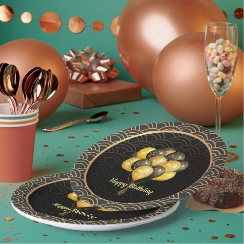 Happy Birthday elegant black and gold Paper Plates