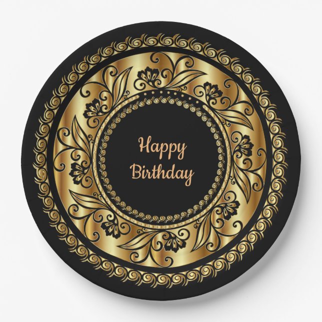 Happy Birthday, elegant black and gold, Paper Plates (Front)