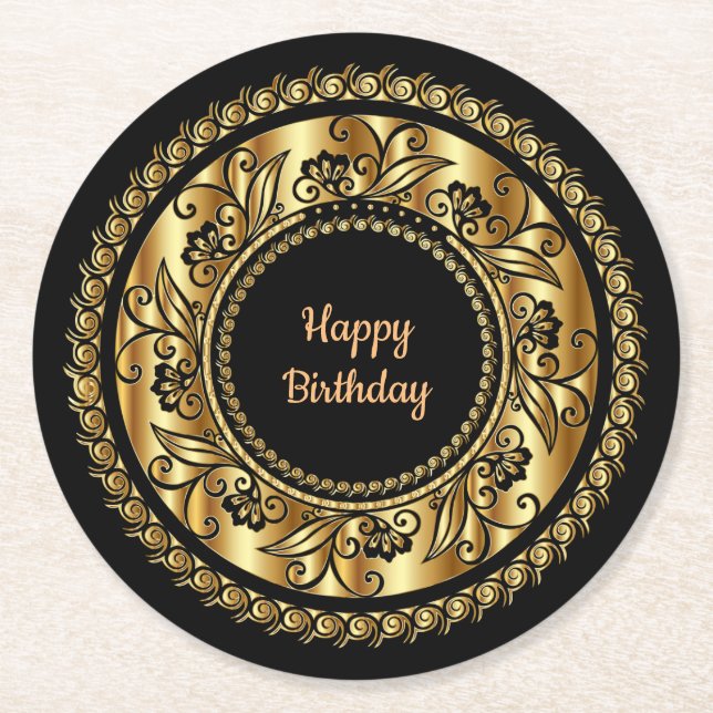 Happy Birthday, elegant black and gold, Round Paper Coaster (Front)