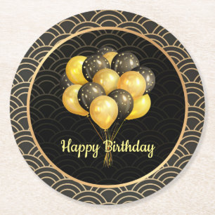 Happy Birthday, elegant black and gold Round Paper Coaster