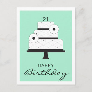 Happy Birthday Elegant Black And White Cake Mint Postcard