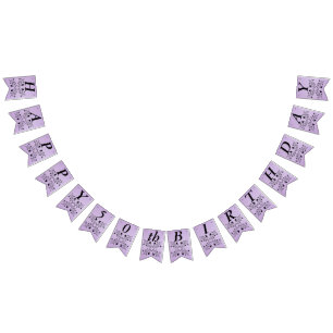 Happy Birthday Elegant Black Flowers Purple Bunting Flags