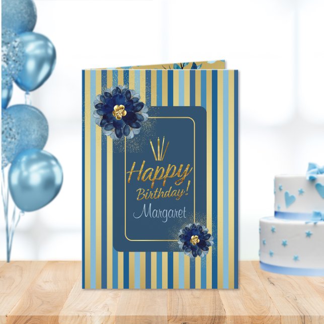 Happy Birthday Elegant Blue Gold Floral Customize  Card (Creator Uploaded)