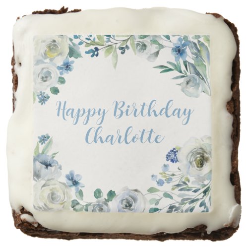 Happy Birthday Elegant Blue White Floral Party Brownie