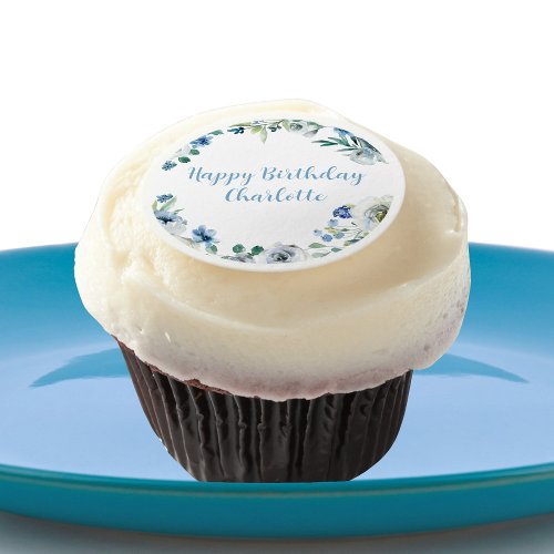 Happy Birthday Elegant Blue White Floral Party Edible Frosting Rounds