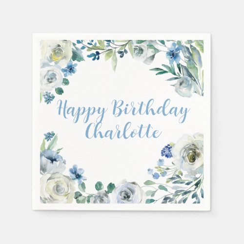 Happy Birthday Elegant Blue White Floral Party Napkins