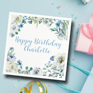 Happy Birthday Elegant Blue White Floral Party Napkins