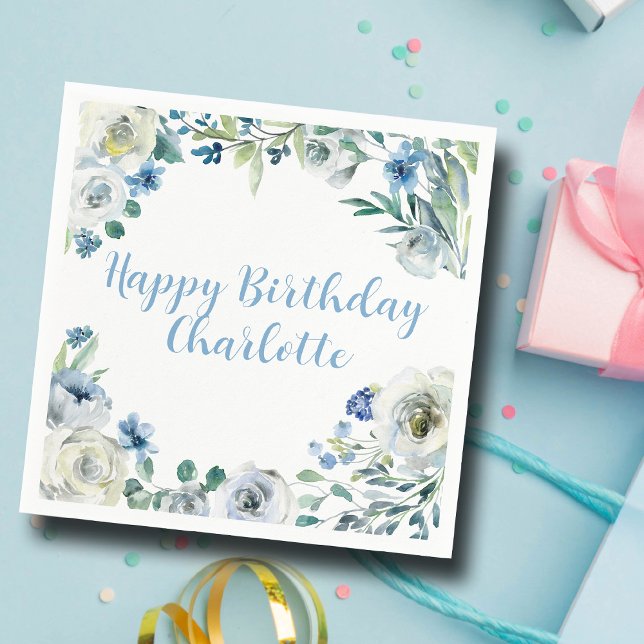 Happy Birthday Elegant Blue White Floral Party Napkins (Creator Uploaded)
