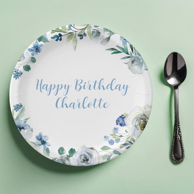 Happy Birthday Elegant Blue White Floral Party Paper Plates (Creator Uploaded)