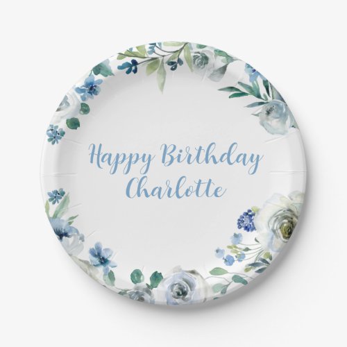 Happy Birthday Elegant Blue White Floral Party Paper Plates