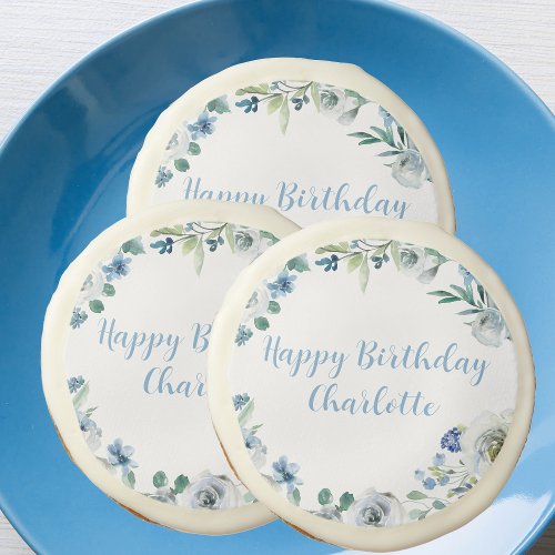 Happy Birthday Elegant Blue White Floral Party Sugar Cookie