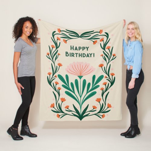 Happy Birthday Elegant Floral Frame Fleece Blanket