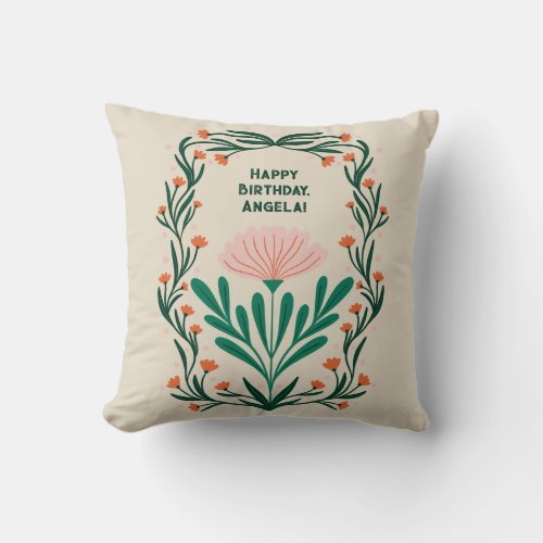 Happy Birthday Elegant Floral Frame Throw Pillow