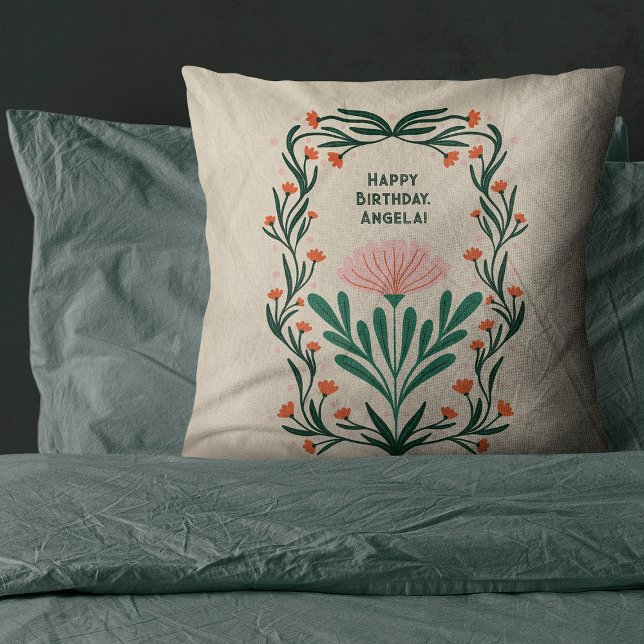 Happy Birthday Elegant Floral Frame Throw Pillow (Creator Uploaded)