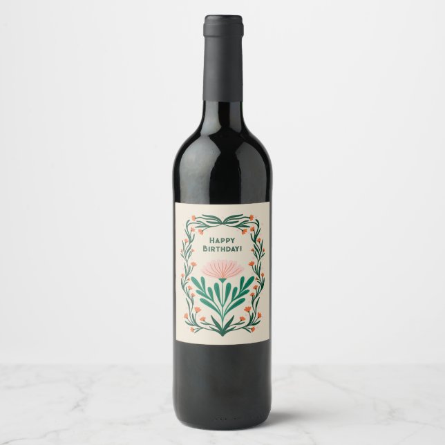 Happy Birthday Elegant Floral Frame Wine Label (Front)