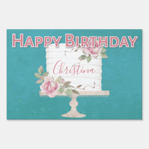 Happy Birthday Elegant Floral Rose Cake Blue Sign