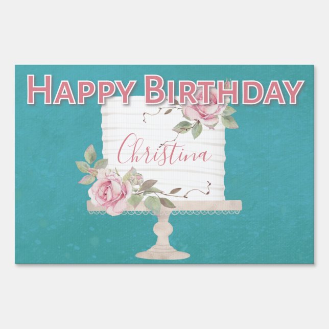 Happy Birthday Elegant Floral Rose Cake Blue Sign (Front)